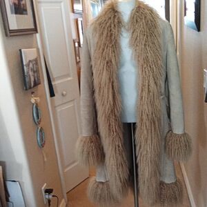 MNG Vintage Iconic Afghan Tan Shaggy Fur Trimmed Women's Coat Size Small